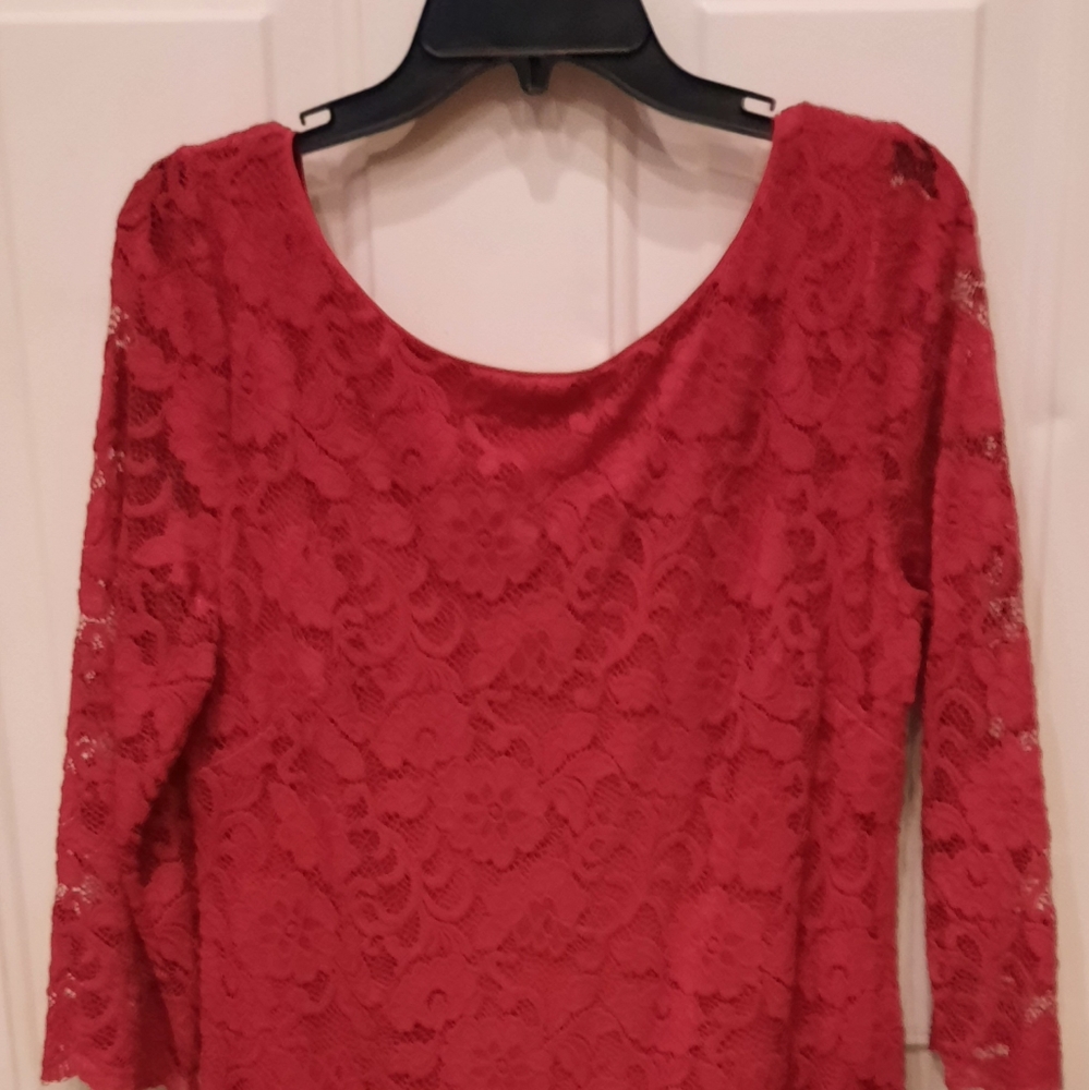 Red,lace,knee length dress. I bought for son's wedding but different colors.